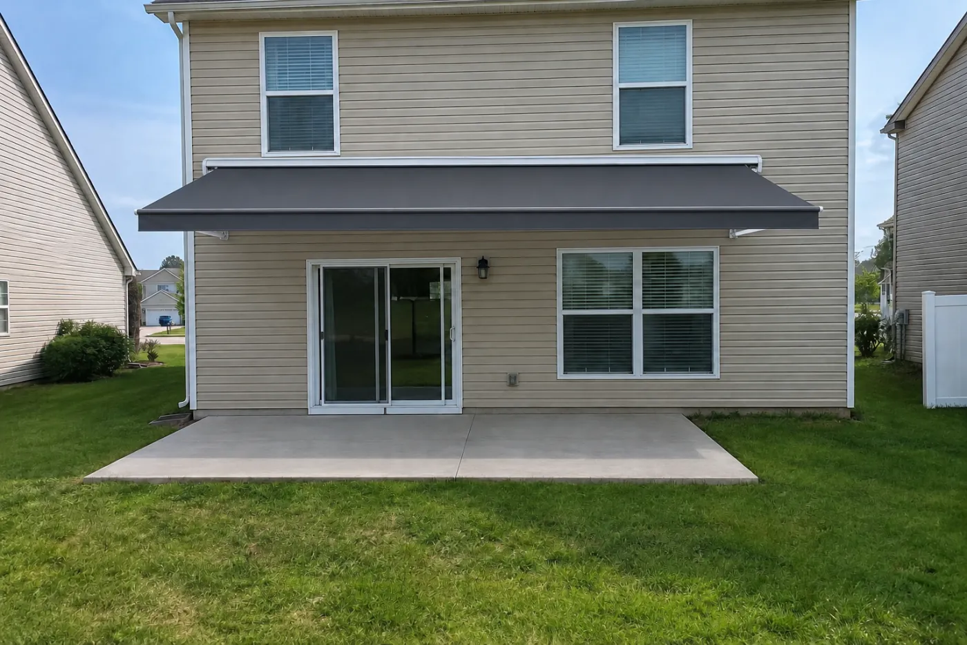 The same house with a charcoal retractable awning extended over the patio