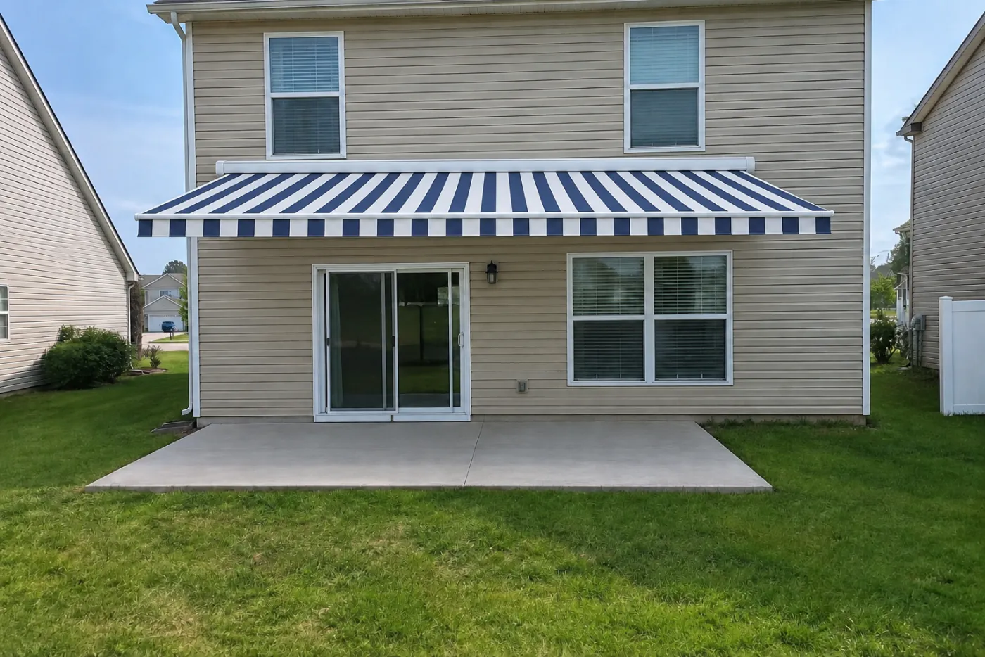 The same house with a navy and white striped retractable awning over the patio