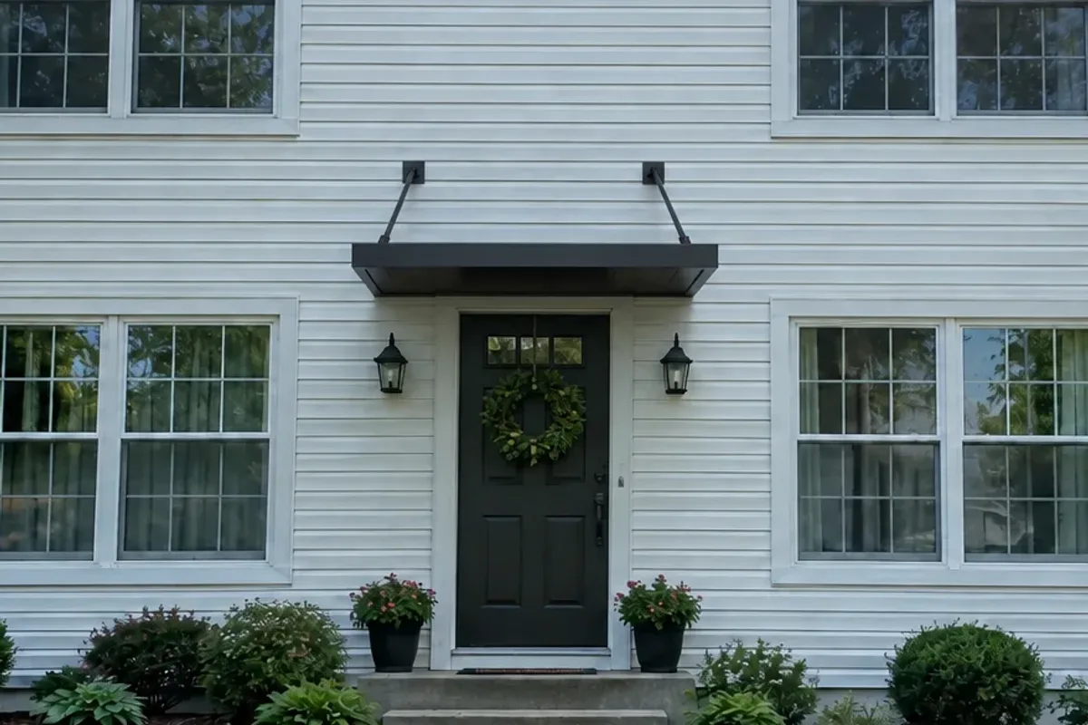 A black flat aluminium canopy on tie-back rods over a front door