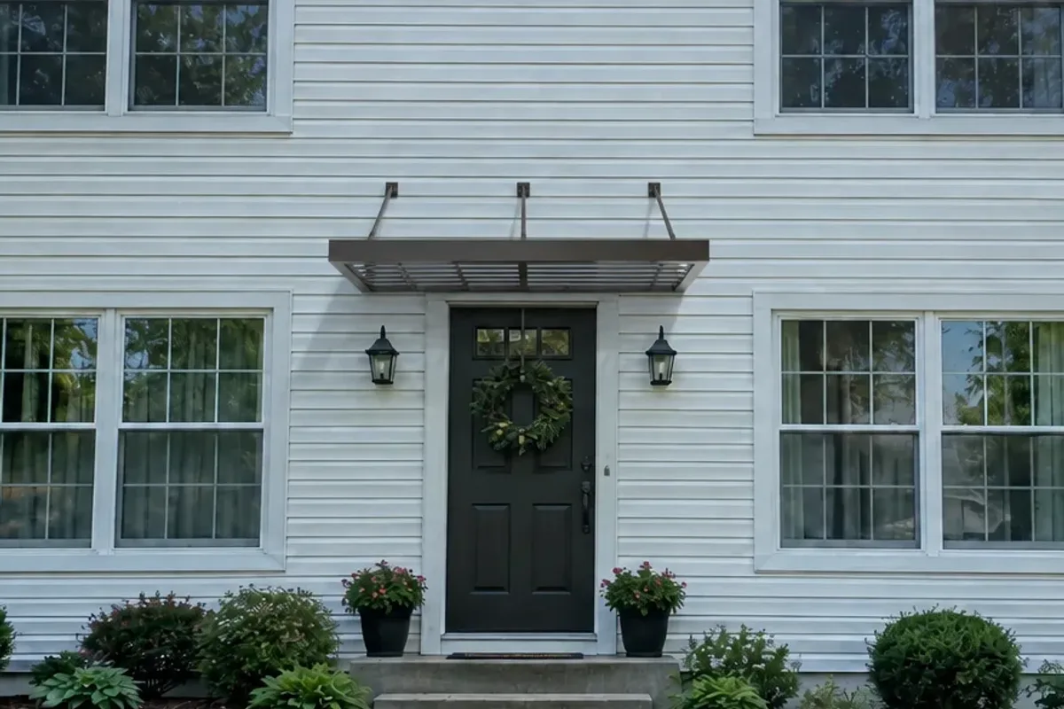 A bronze louvered aluminium sunshade on tie-back rods over a front door