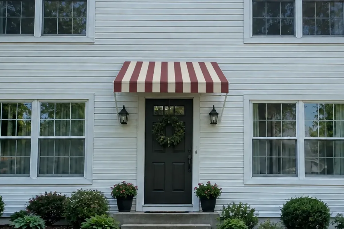 A burgundy and cream striped traditional awning over a front door