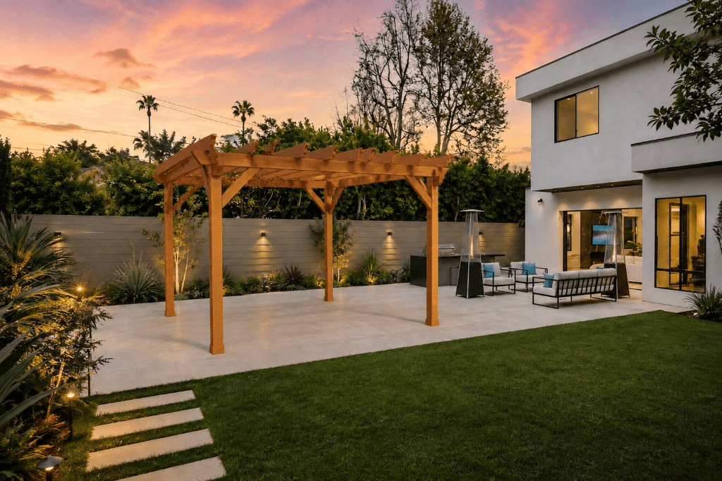 Backyard with rendered pergola